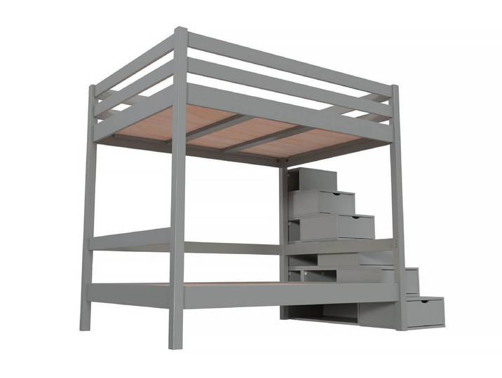 Lit superposé 140x200 double + escalier rangement Sylvia 140x200 Gris