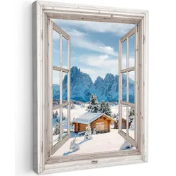 LEINWANDBILD Winterlandschaft - Hütte - Berge - Ausblicke - Aussicht - Natur Wandbild Wohnzimmer 60x80 cm