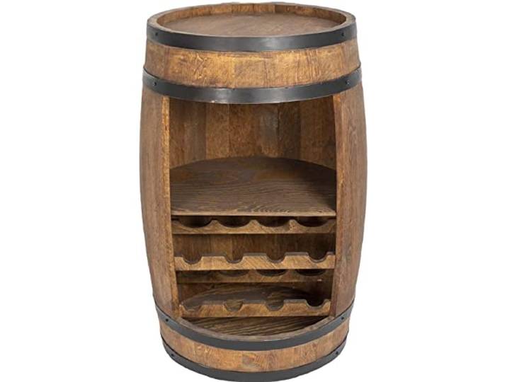 weeco Holzfass Fassbar mit Fachböden und 2 Weinregalen - Getränkeschrank Wine Rack Holzregal 82cm. Deko Zimmer. Aufbewahrungsschrank für Wein Whisky Bier Flaschen Fass Hausbar Weinflaschen