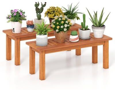 Costway Set of 2 Wooden Plant Stand Outdoor Indoor Solid Wood Flower Pot Holder Display Shelf-S