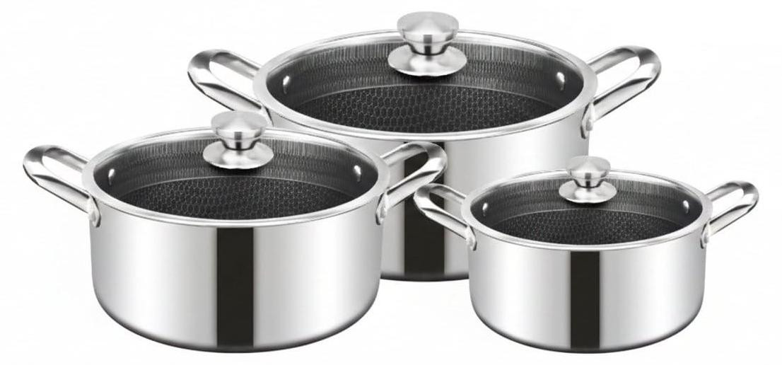 3-delige RVS kookpan set met glazen deksels