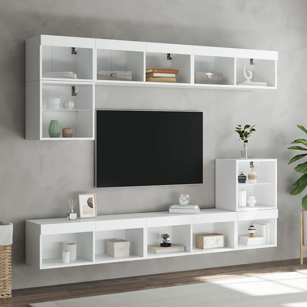 vidaXL Muebles de TV de pared con LED 8 pzas madera ingeniería blanco Blanco