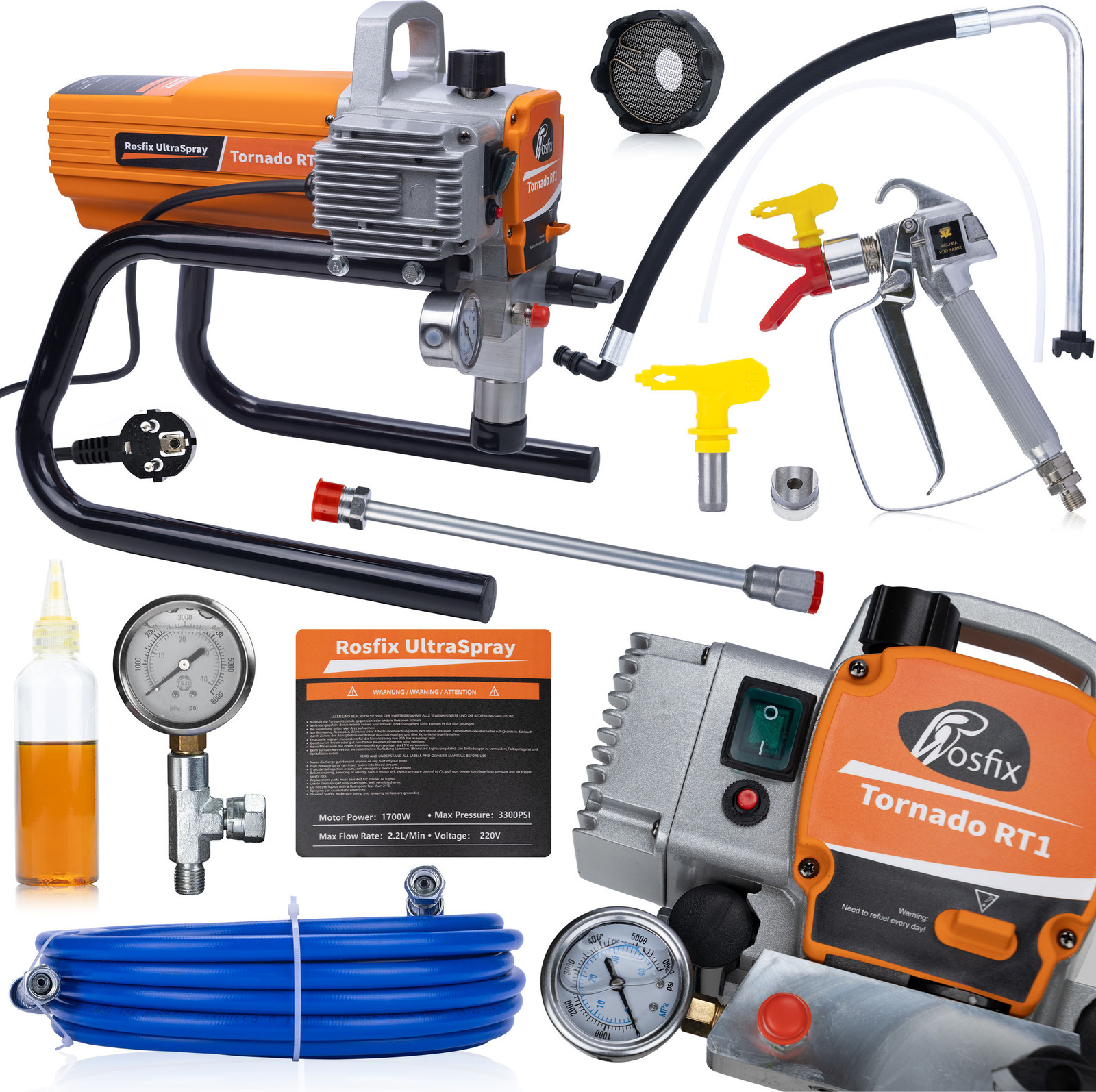 Rosfix Tornado RT1 Airless Verfspuit – 1700W, 22MPa, 2,2L/min, Oranje