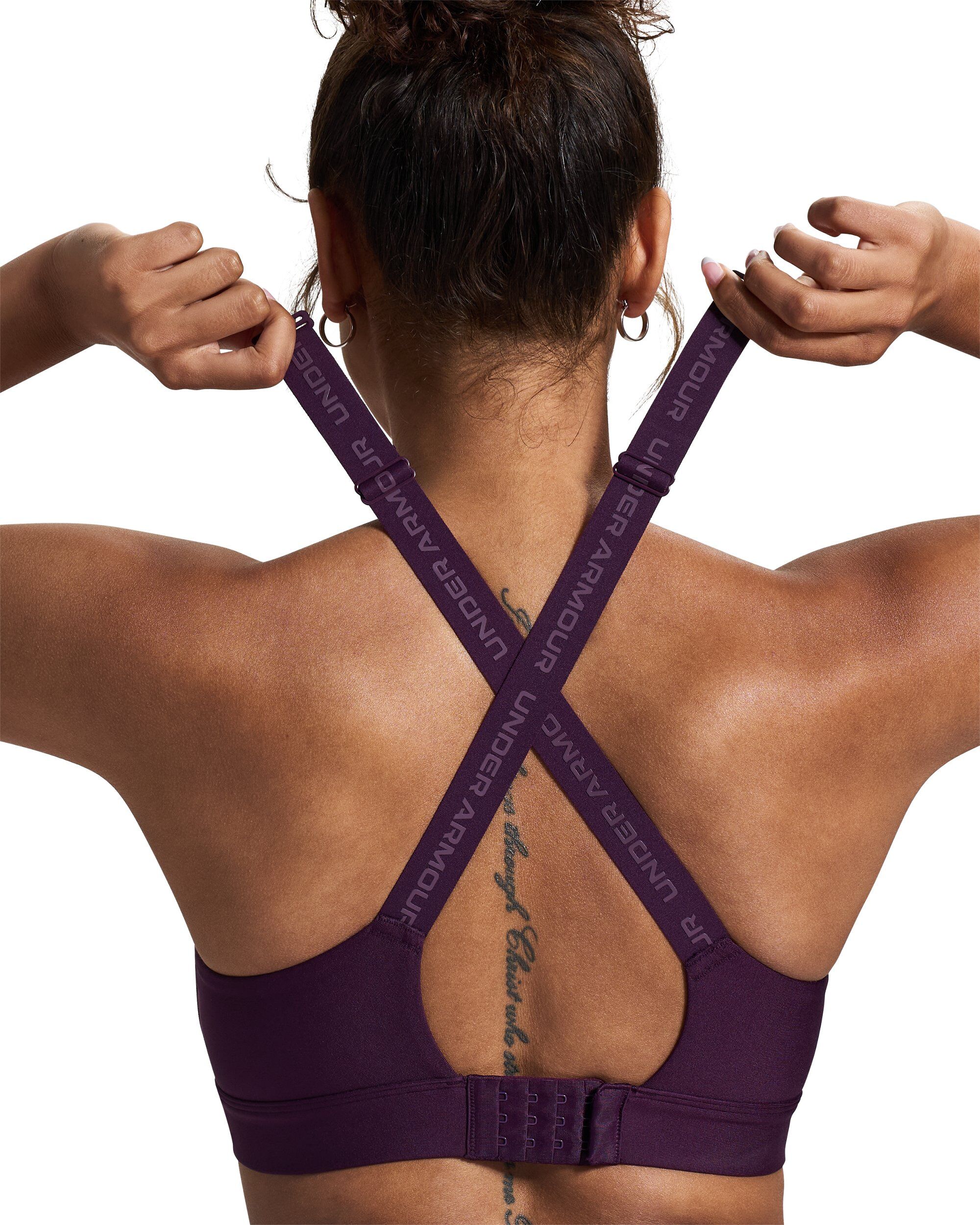Sport-BH UNDER ARMOUR "UA INFINITY HIGH 2.0 BRA", Damen, Gr. XS, N-Gr, lila (lila echo, lila echo), Web, Obermaterial: 87% Polyester, 13% Elasthan, BHs Sport-BH, mit Netzstoff-Einsatz auf der Vorderseite, atmungsaktiv lila echo, lila echo XS, N-Gr