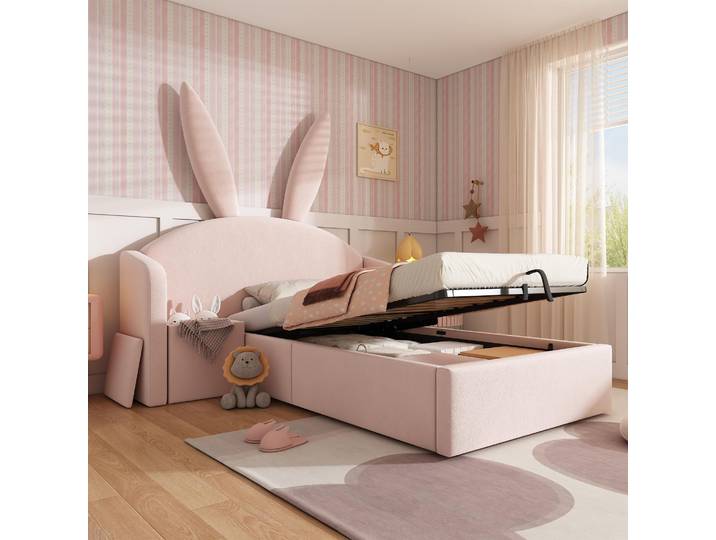 STILVORA Polsterbett 90x200 cm mit Hasenohren-Kopfteil Stauraumbett mit hydraulischem Stauraum, Kinderbett mit Nachttisch, Samt Rose