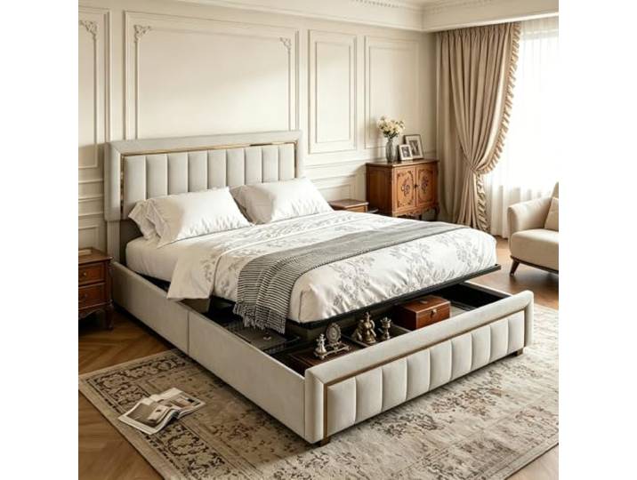 Polsterbett Doppelbett 140x200 cm, Gepolstertes bett mit Stauraum, Hydraulikmechanismus & Eleganten goldenen Akzenten, Perfekt für stilvolle Schlafzimmer, Samt, ohne Matratze (Beige, 140x200cm)