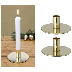 2er-Set Kerzenhalter Metall rund Gold 10x5cm weihnachtliche Tischdekoration Kerzenständer Tafelkerzen Kerzenpin scandic chic Vintage Kerzenhalter Retro Kerzenteller Dekoschale Wohnzimmer