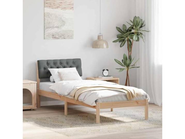 Massives Kiefernholz platzsparendes Wandkopfteil Plattform Bettrahmen Braun Bettgestell Massivholz Kiefer Braun Dunkelgrau 75x190 cm mit Wandkopfteil Polster Lattenrost Stabil