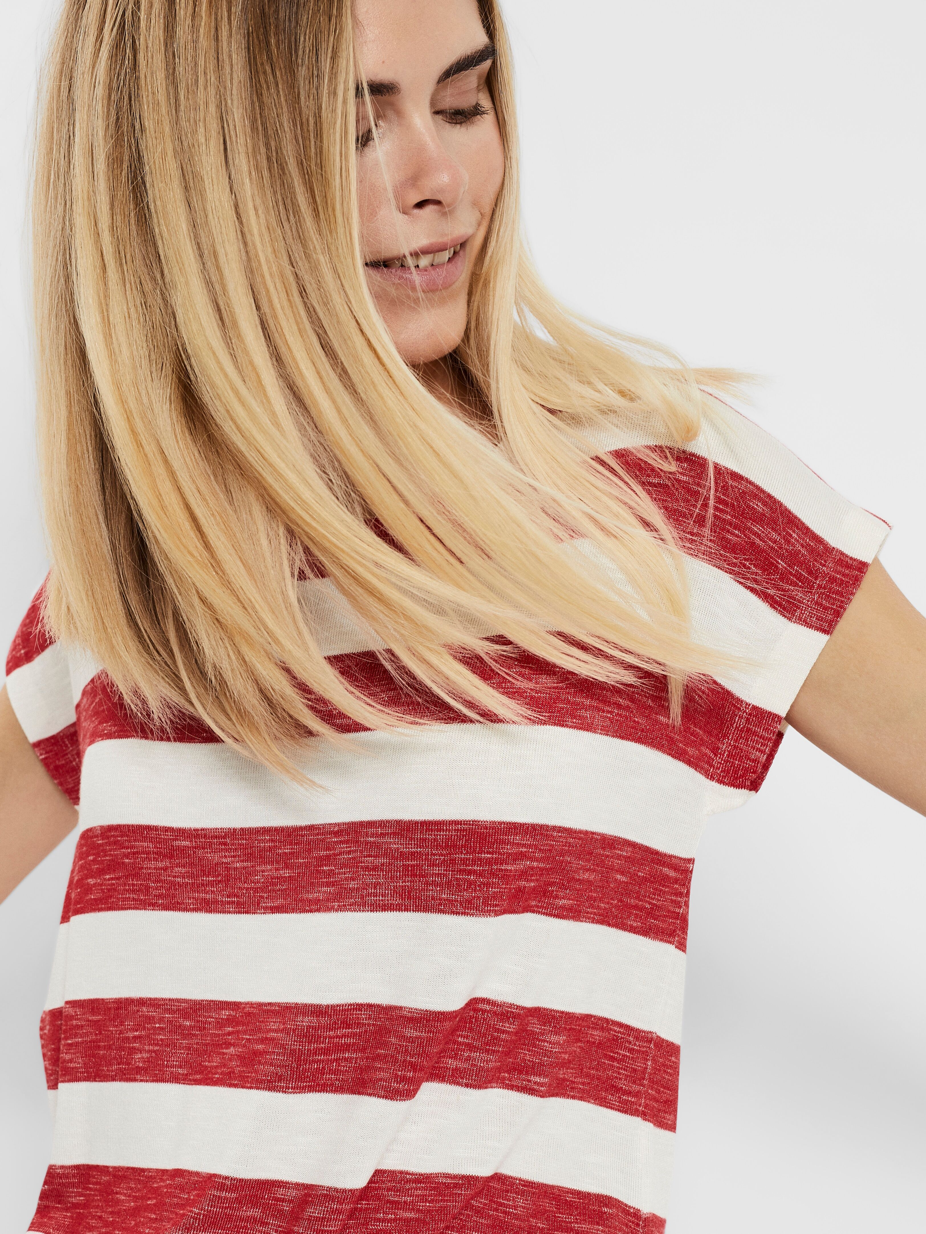 Kurzarmshirt VERO MODA "VMWIDE STRIPE SL TOP GA JRS NOOS", Damen, Gr. XS, rot (goji berry stripes:snow weiß), Jersey, Obermaterial: 96% Viskose, 4% Elasthan, gestreift, regular fit normal, Rundhals, Shirts Kurzarmshirt, Viskosemischung goji berry stripes: