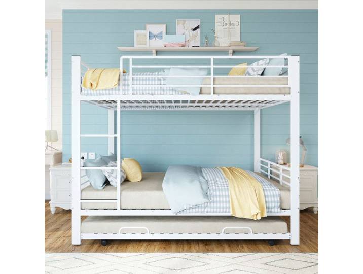 Métal Lit Superposé pour 3 personnes 140x200cm avec sous-lit gigogne lit de jeunesse lit bébé cadre en métal blanc