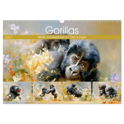 Gorillas. Wilde Kinderstube im Dschungel (Wandkalender 2027 DIN A3 quer), CALVENDO Monatskalender