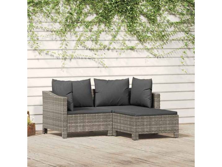 Salon de jardin Ensemble Gris Résine tressée avec coussins Mobilier 3 Places Terrasse Extérieur