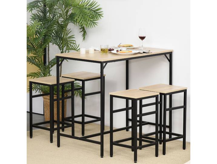 HOMCOM Ensemble Table Haute 4 Tabourets Métal Bois Chêne Clair