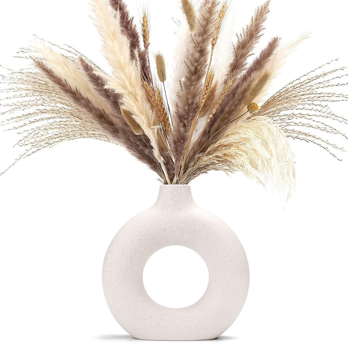 Dailygoods Dailygoody Witte Keramische Donutvaas voor Pampasgras - Moderne Abstracte Bloemenvaas