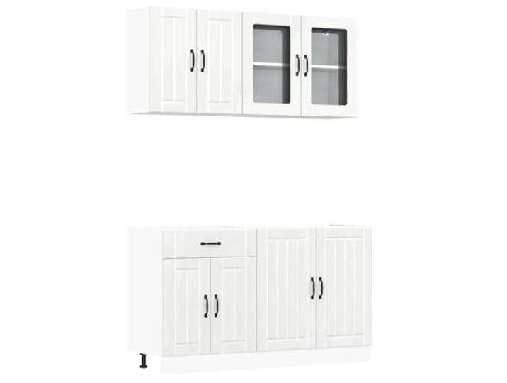 Set mit 4 Küchenmöbeln aus Holz, weiß, glänzend Unterschränke, verstellbare Beine, mitgelieferte Wandbefestigung, glatte Oberfläche, Ablage für Schüsseln und Teller