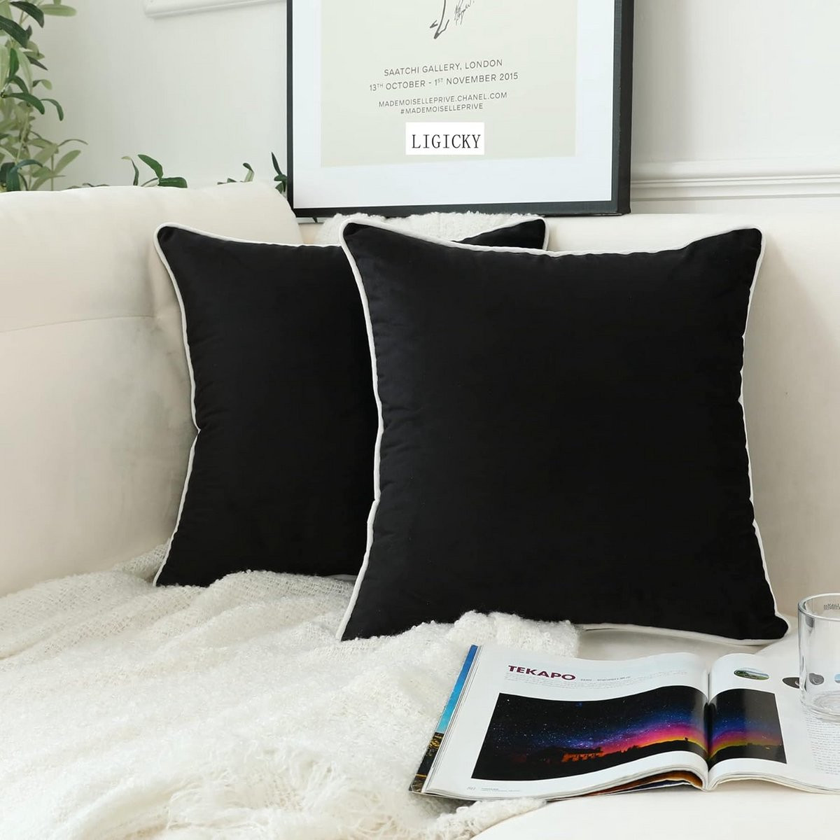 Set van 2 Zwarte Fluweel Kussenhoezen 70x70 cm - Moderne Decoratieve Sierkussensloop met Wit Touwaccent