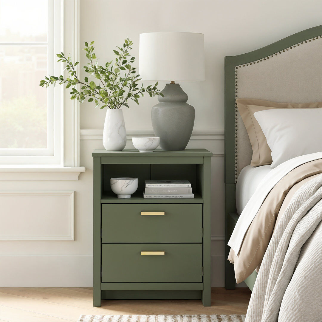 Gracie Oaks Bonnie 2 Drawer Bedside Table Kale Green 59cm H X 43.6cm W X 39.3cm D