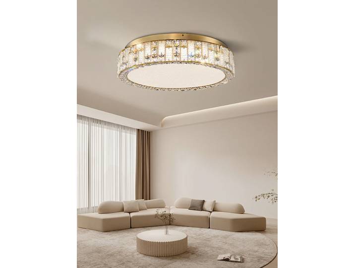 Obtenez ce plafonnier rond en cristal de luxe LED lustre de plafond en acier inoxydable à intensité variable pour la décoration du salon