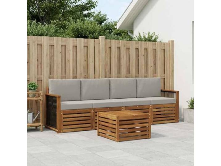 HFMDRMU Modulares Sofa Garten aus massivem Akazienholz, 5-teilige Sitzgruppe mit hellgrauen Kissen, wetterfestes Design für entspannte Stunden im Freien