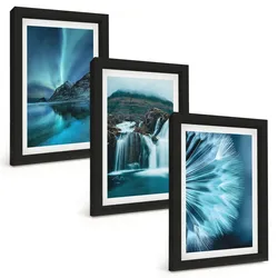 BILDER SET 3er Set - 20x30 cm Schwarzer Rahmen - Winterlandschaften mit Wasserfällen