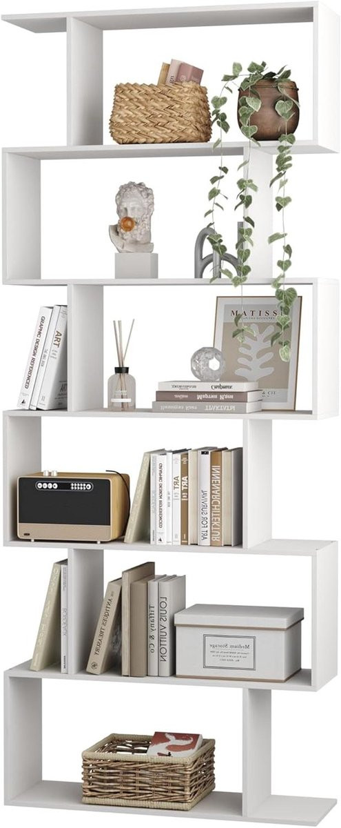 Moderne witte boekenkast met S-design en breedte van 70 cm