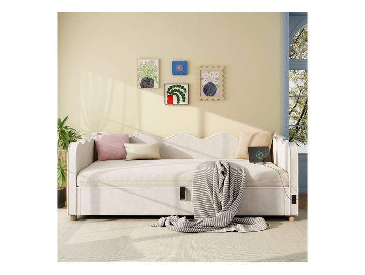 MODFU Daybett Einzelbett mit Hydraulik & USB (Beige, 90x200 cm, Samt), rundum gepolstert, ohne scharfe, inkl. Matratze
