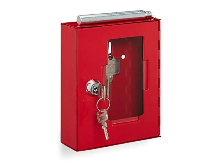 Relaxdays Boîte pour clés d’Urgence\, avec vitre de Verre et Marteau\, verrouillable\, en métal\, Petit boîtier\, Rouge