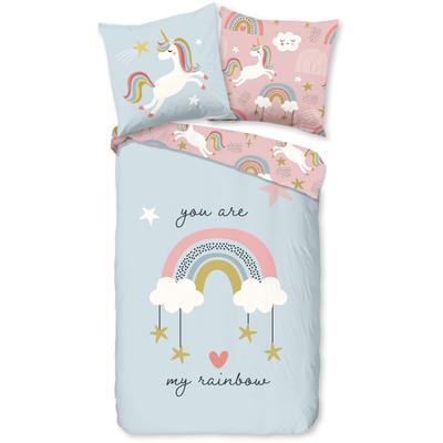 Kinderbettwäsche GOOD MORNING "Suus", rosa, B/L: 135cm x 200cm, 1 Stk., 1 Stk., Renforcé, B/L: 80cm x 80cm, 2 Stk., Renforcé, Obermaterial: 100% Baumwolle, Bettwäsche, Baumwolle, Renforcé, Baby, Kind, Mädchen, Einhorn, Regenbogen, Rosa