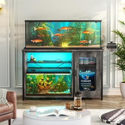 Rackcog 55-75 Gallon Fish Tank Stand with Charging Station and LED Light, Reversible Aquarium Stand with Cabinet