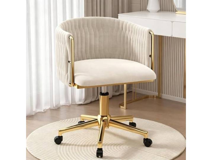 Verstellbarer Samt-Waschtischstuhl Mit Metallgestell, 360° Drehbar Ergonomischer Stuhl mit gebogener Rückenlehne, geeignet for Ankleiden, Büro und Maniküre(Gold Legs,Beige)