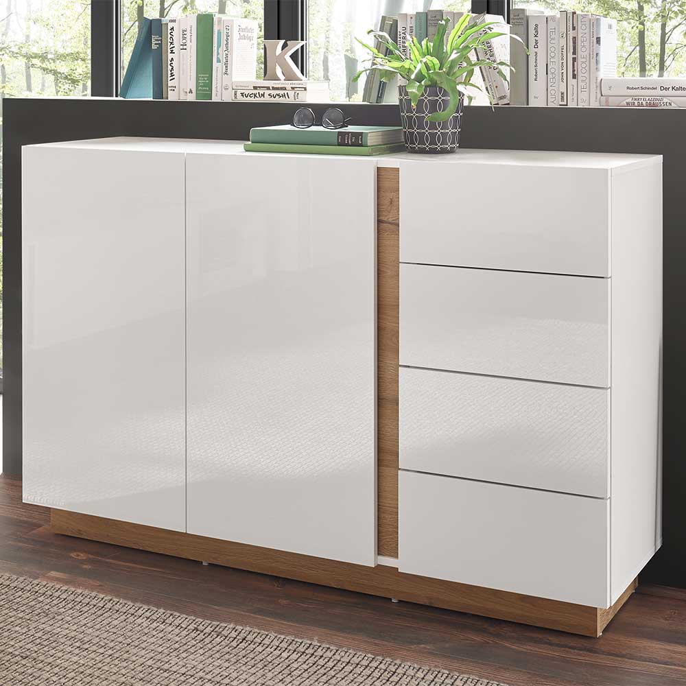 Pharao24.de Wohnzimmer Kommode in Weiß und Wildeiche Optik Skandi Design