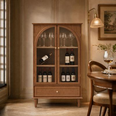 Loedds "52.4"" Farmhouse Arched Glass Accent Cabinet with Adjustable Shelves & Drawer, Walnut"