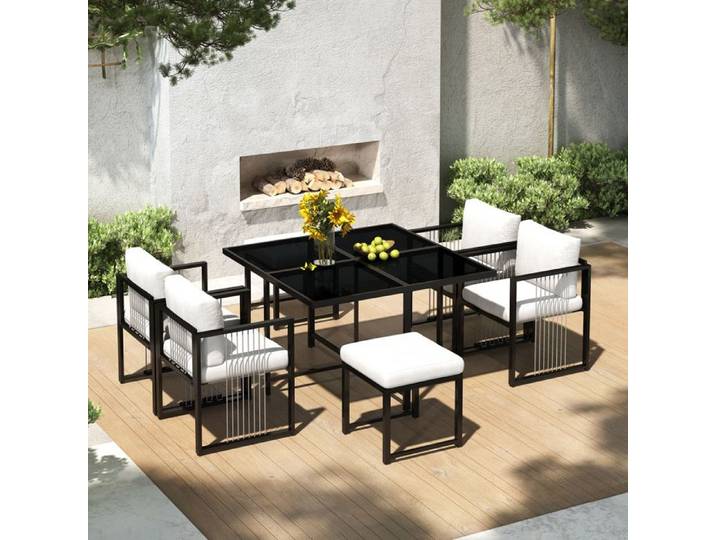 Ensemble mobilier de terrasse - 7 pcs - Table carrée 117x117 cm - Verre trempé noir - Coussins polyester hydrofuge