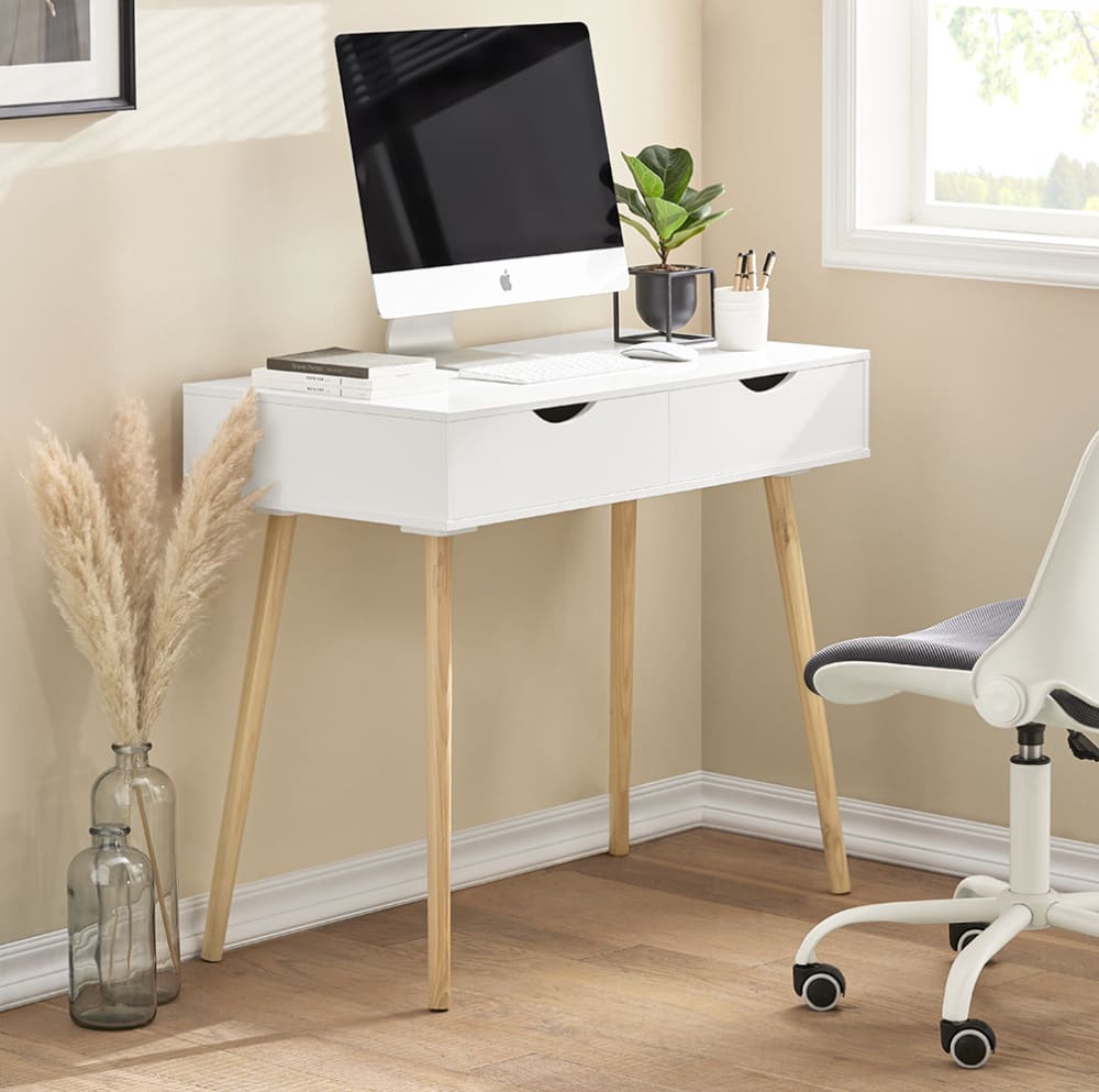 SoBuy Bureau informatique 2 tiroirs effet bois blanc Blanc 90x77x45cm
