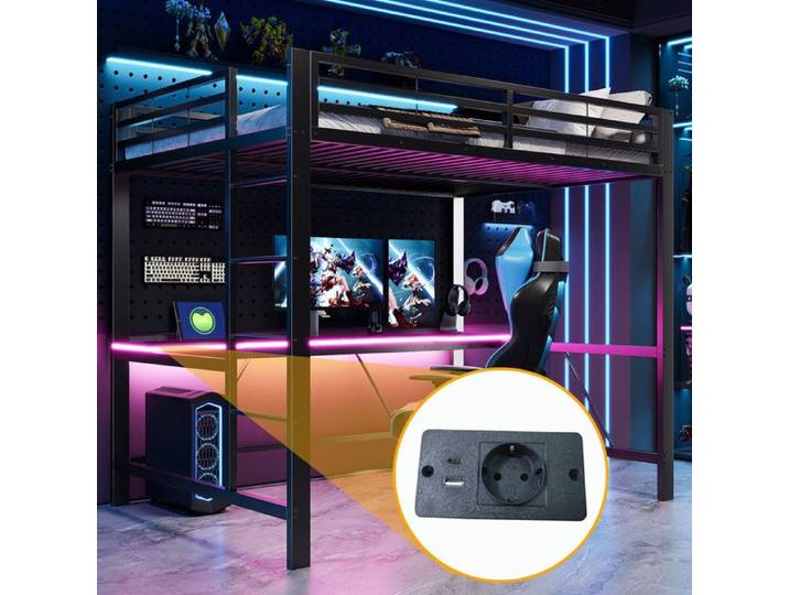 Lit Mezzanine 2 Place 140x200 avec LED et USB Lit Mezzanine gaming en métal avec bureau Noir