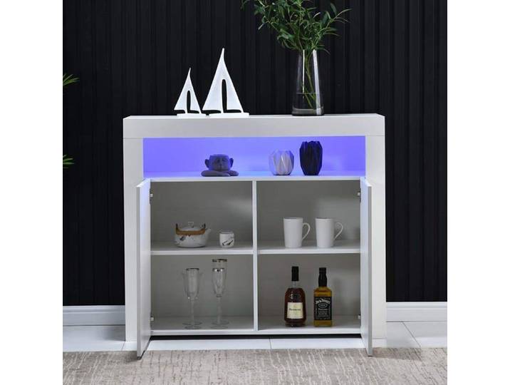 Buffet haut - ZEVKOR - 108x40x92 cm - 2 portes - rangement ouvert & LED multicolore - finition brillante