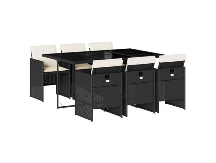 PUGYNBK Garten-Esszimmer-Set, 7-teilig, PE-Rattan, Schwarz, Tisch aus gehärtetem Glas