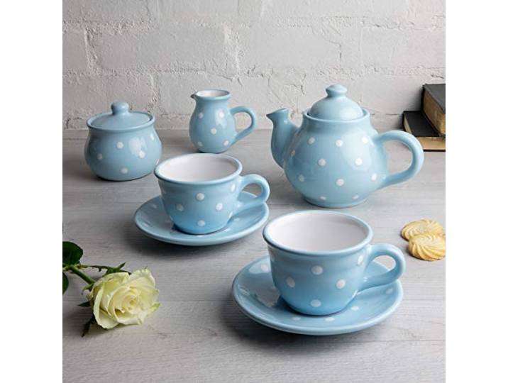 City to Cottage® - Keramik Tee Kaffee Set für 2 Hellblau und Weiß Polka Dots Handgemacht Keramik Teekanne Kaffeekanne 750 ml, Milchkännchen, Zuckerdose, 2 Tassen mit Untertassen
