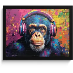 POSTER MIT RAHMEN Graffiti - Schimpanse - Straßenkunst - Kopfhörer - Affe 40x30 cm