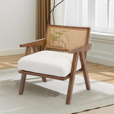 Garvee Mid-Century Accent Chair, Farmhouse Wood Armchair with Rattan Backrest and Cushion