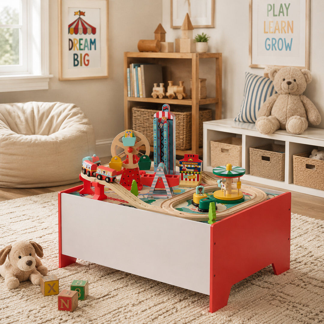 Teamson Kids Florida Amusement Park Activity Table With 6 Interactive Mini Games & Train Rail Brown Wood 30cm H X 62cm L X 47cm D