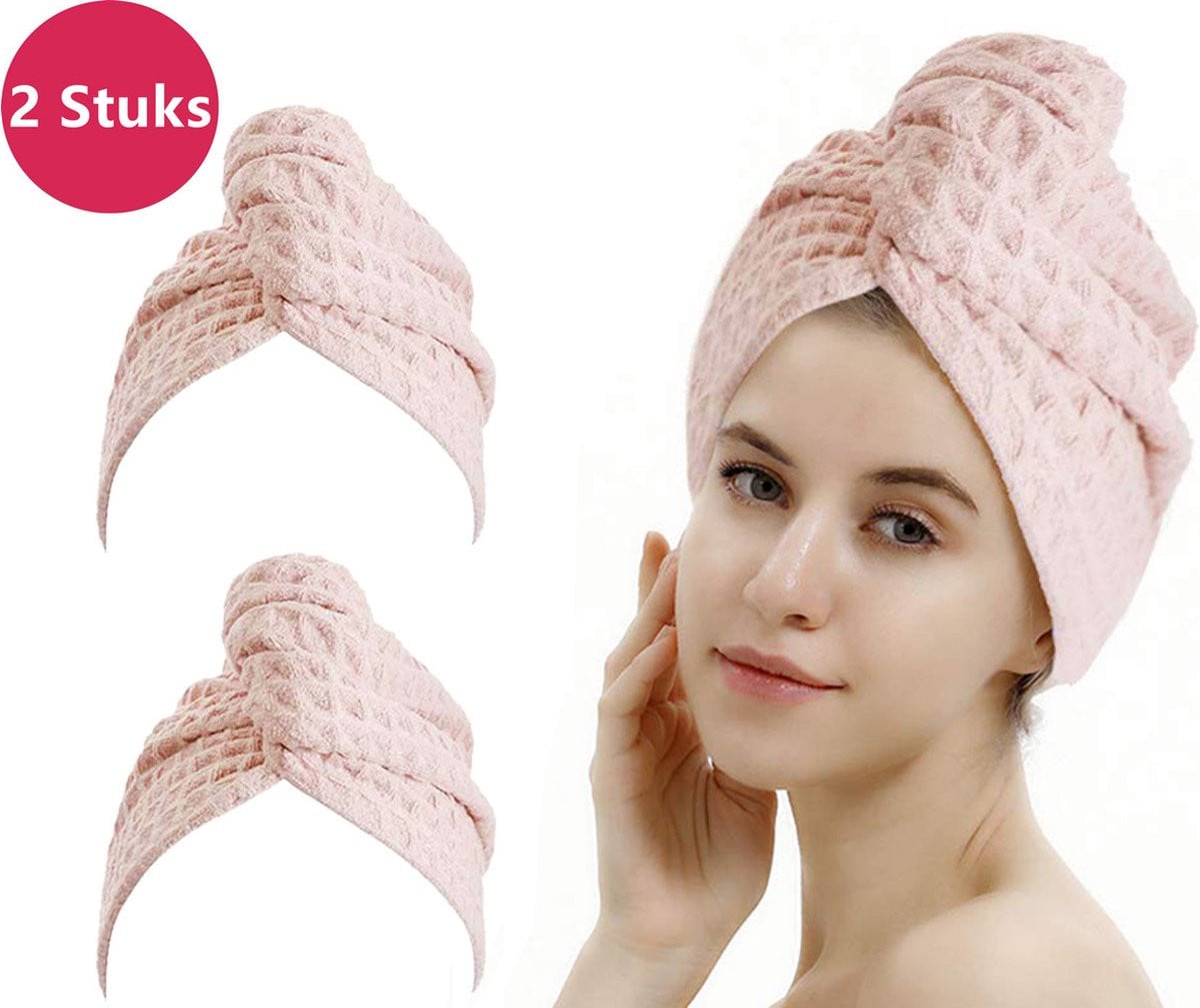 LIXIN Wafel Haarhanddoek Set - 2 Stuks - Blush Pink - Microfiber Haar Tulband - Super Absorberend en Sneldrogend