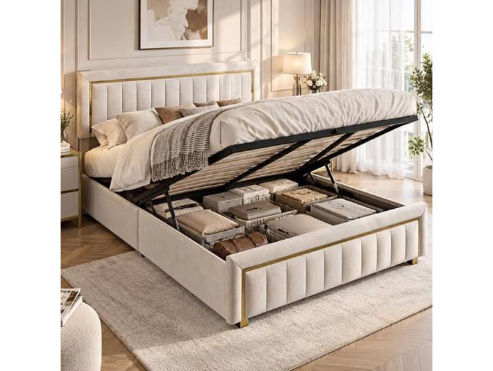 Lit coffre 180x200 avec sommier Cadre de Lit 2 Personnes Lit 180x200 avec Tête de lit capitonné Système Hydraulique velours beige
