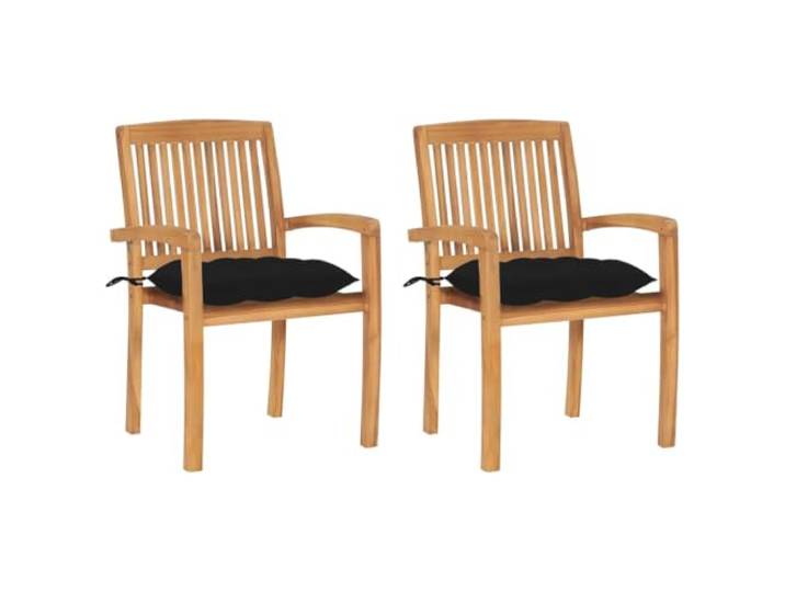 Massives Teakholz Vintage Gartenstühle 2 Stk. mit Kissen Schwarz Gartenstühle 2 Stk. mit Schwarzen Kissen Massivholz Teak Stapelbar Wetterfest Balkon Terrasse Sitzgruppe