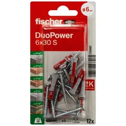 fischer DuoPower 6x30 S Dübel mit Schrauben 6 x 30 mm, 12 Stück