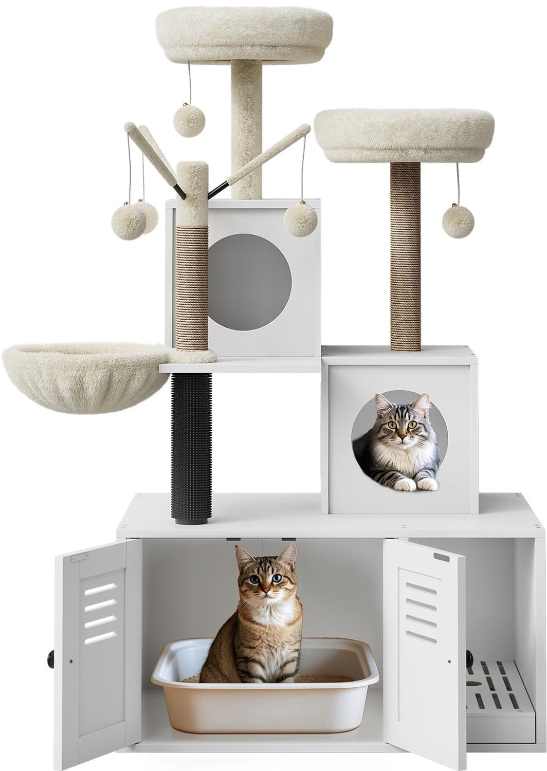 Kattenbakombouw met krabpaal en kattenboom, verborgen kattenbak meubel met sisal krabpaal voor binnenkatten, Hoogte: 129 cm