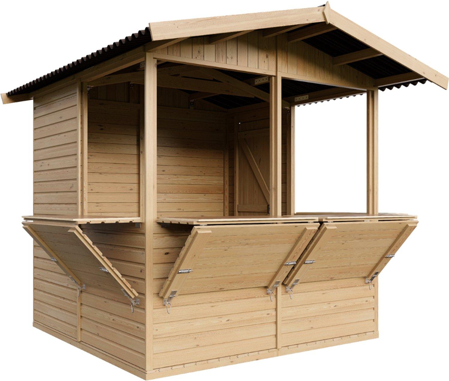 TIMBELA M149B Verkaufsstand aus Holz 4 m², zerlegbarer Holzverkaufsstand mit 4 Verkaufsfenstern für Märkte, Messen und Verkauf