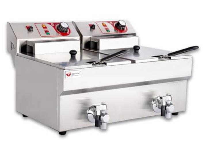 Beeketal 'BTF20B' Doppel Kaltzonen Fritteuse (2 x 9 Liter Volumen für max. 2 x 6 Liter Öl) Edelstahl Friteuse mit Temperaturkontrolle und Fettablaufhahn