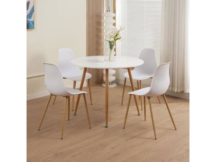 Ensemble table à manger ronde + 4 chaises blanches - SCANDI