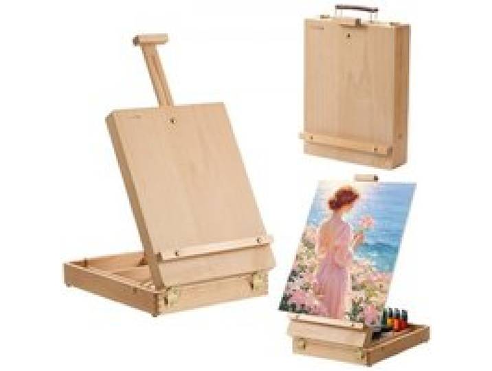 VEVOR Tischstaffelei Malkoffer Kofferstaffelei Skizzenkasten 530mm Leinwand, zum Skizzieren, aus Massivem Buchenholz, Tragkraft von 10 kg, Verstellbarer Winkel, Aufbewahrungsbox & Ledergriff, Tragbar